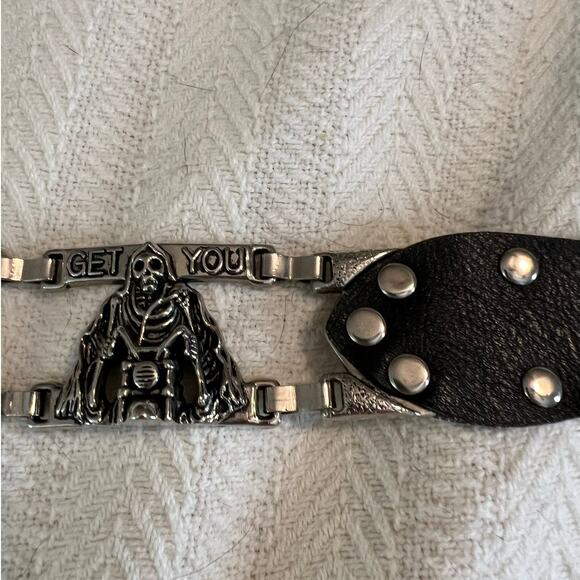Biker Belt in Black Leather w/Silver Metal Links of Skeleton on Motorcycle main image 4